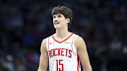 Oct 31, 2024; Dallas, Texas, USA;  Houston Rockets guard Reed Sheppard (15) during the first half against the Dallas Mavericks at American Airlines Center. Mandatory Credit: Kevin Jairaj-Imagn Images